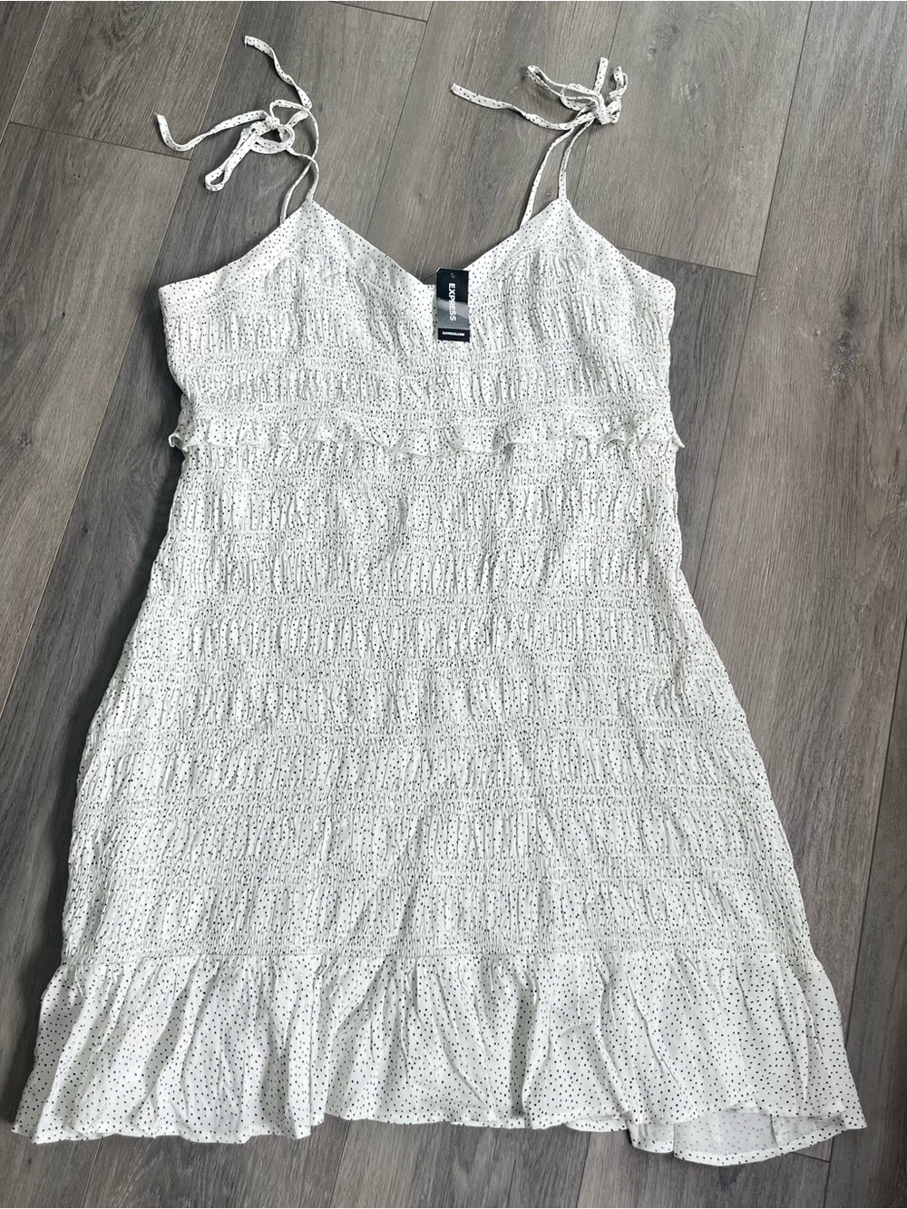 NWT Express White Black Polka Dot Smocked Midi Dress XL Tie Strap